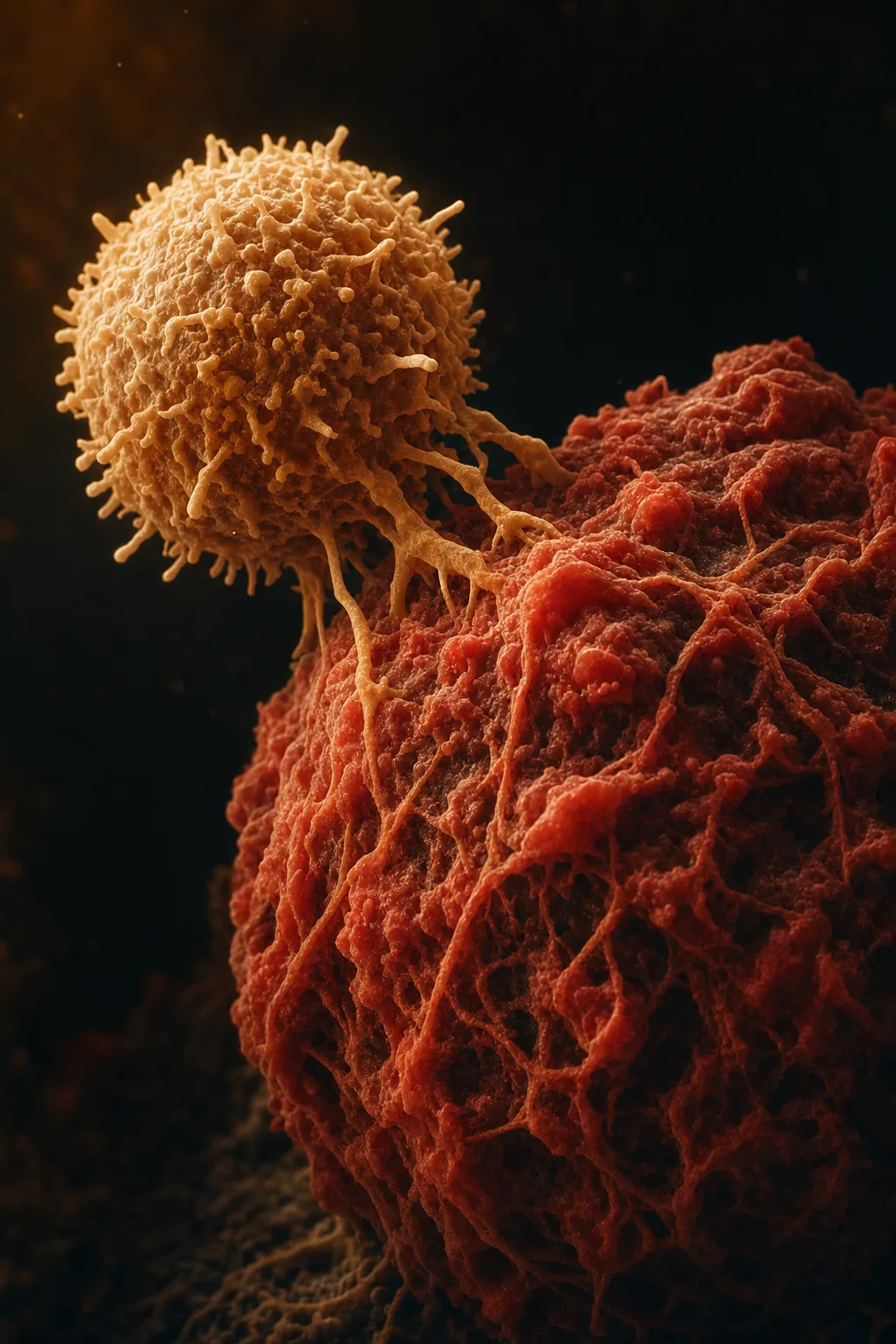 Immune cells surrounding a tumor cell, the cover image of the Killing Cancer presentation